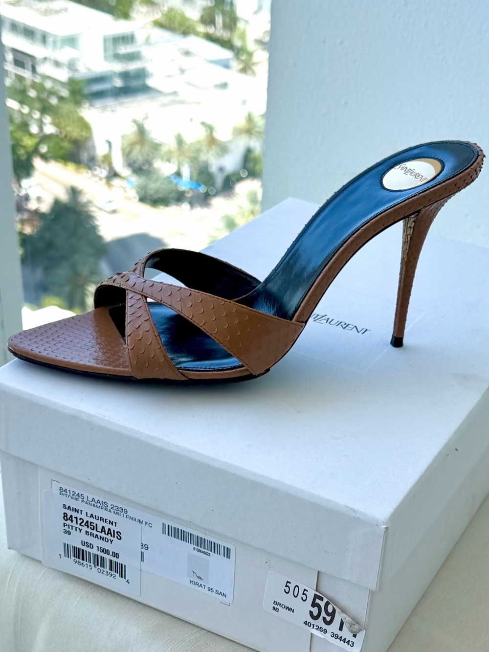 Saint Laurent Tan Snake Skin High Heel Slide